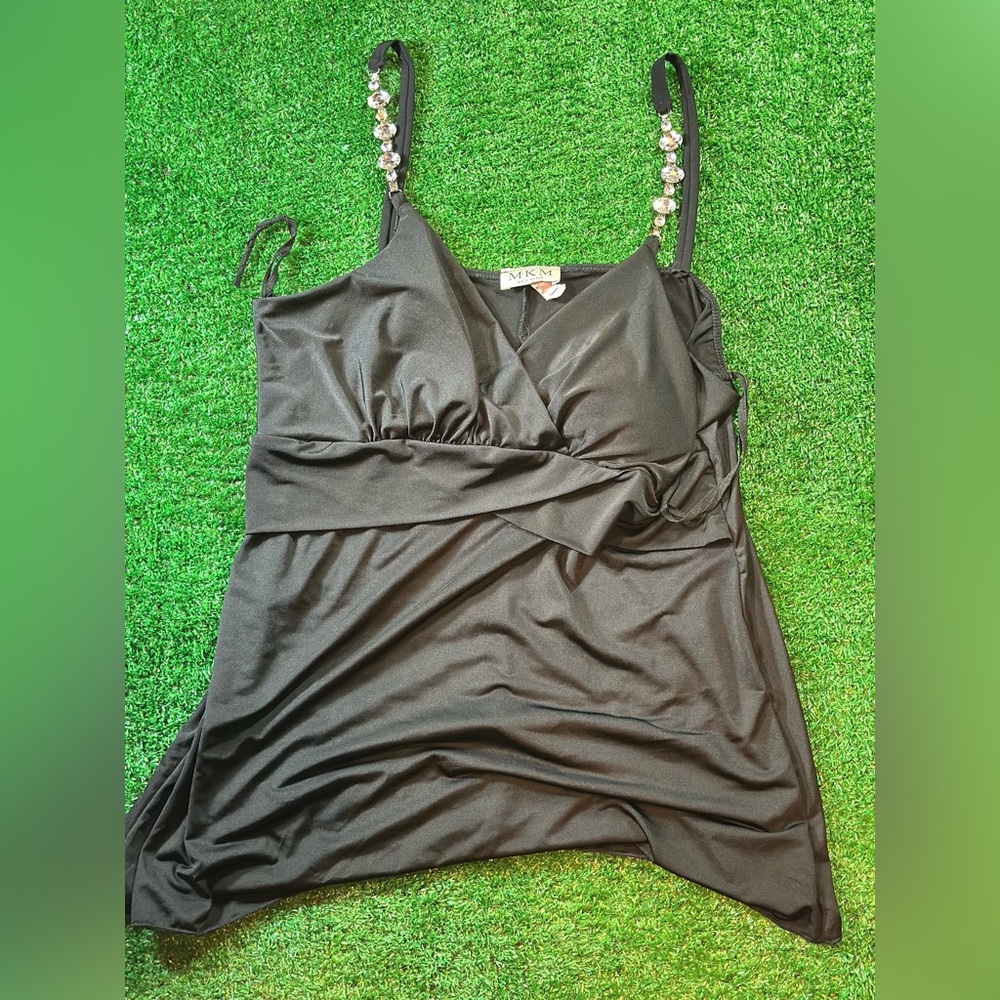 Y2K Vintage MKM Designs Black Asymmetrical Ruched Top with Bedazzled Strap